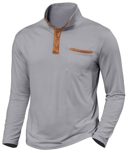 Halfword Long-Sleeve T-Shirts Mens Polo Henley Shirts Golf Grandad Collar Tops Pocket Casual Regular Fit Grey XXL