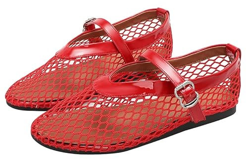 Mesh Ballet Flats for Women, Fashion Comfortable Round Toe Fishnet Flats, Buckle Strap Mary Jane Casual Ballerina Flats, Ladies Wide Width Casual Office Daily Dress Mary Jane Flats