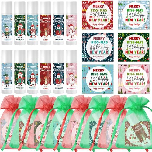 Queekay 12 Sets Weihnachten Lippenbalsam mit Weihnachtskarten Organzasäckchen Adventskalender 2025 Frauen Kundengeschenk Füllung Kleinigkeiten Kleine Geschenke für Kollegen Mitarbeiter Freunde Familie