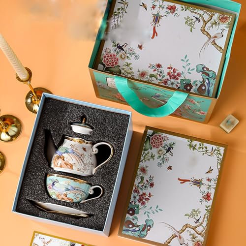 QUSYZD Luxury Pot 3 Pieces,Ceramic Blue Birds and Flowers Tea for One Set, Tea Cup and Saucer Set with Teapot, Gift Package,for Room Decoration Party Service