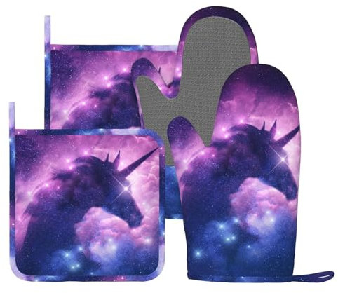 Ofenhandschuhe und Topflappen, Motiv: Einhorn-Galaxie, Stern, Silikon, hitzebeständig, rutschfeste Handschuhe, Küchendekoration für Grillen, Kochen, Grillen, Backen, Violett, 4 Stück