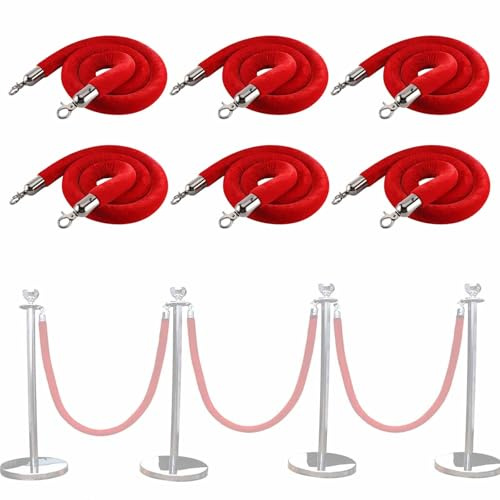 Corde Barriere Lot De 1, 2, 4, 6 Longues Cordes En Velours, Barrière De Contrôle Des Foules Rouge Pour Les Salles De Cinéma/files D'attente Pour Les Grandes Ouvertures, Cordon De Poteau VIP(6PCS,1.2m/
