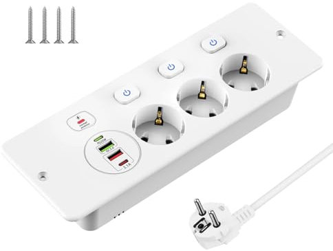 Tischplatte Versenkte Steckdose, Einbausteckdose mit 2 USB und 2 Type-C(PD 20W), 3 Fach Steckdose mit Unabhängiger Schalter, Tischsteckdose Mehrfachsteckdose mit Überspannungsschutz, 3250W, 1.8M Kable