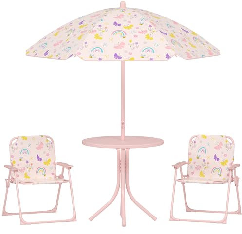 Qaba Kids Picnic Table and Chair Set, Outdoor Activity Table with Foldable Chairs, Removable Umbrella, Rainbow Pattern Toddler Patio Furniture for Backyard, Garden, Pink