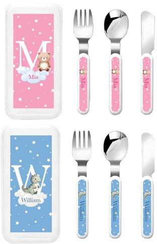 Ensemble de couverts personnalisés 4 pièces avec étui, ustensiles pour tout-petits avec noms et animaux, couteau, fourchette et cuillère réutilisables pour enfants, acier inoxydable de qualité aliment