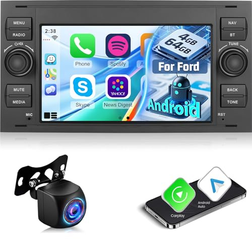 4G+64G Android Autoradio für Ford Transit Fiesta Focus Galaxy Mondeo Fusion Kuga C-Max S-Max Connect mit Wireless Carplay & Android Auto, Touchscreen mit GPS, WiFi, EQ, Bluetooth 5.0, FM/RDS Radio