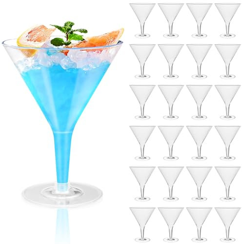 Lot de 25 verres à Martini en plastique - Réutilisables - 200 ml - Verres à champagne transparents avec pied - Verres à dessert pour anniversaire, fête, anniversaire, mariage