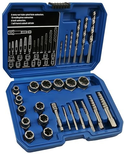 LEKEFETO Lot de 26 extracteurs de vis et d'écrous, en acier inoxydable 42CrMo/35CrMo, avec sac de transport, pour vis, écrous et tiges filetées endommagés et rouillés