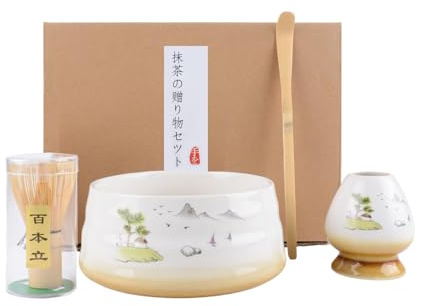 4Pcs Matcha Whisk Set, Matcha Tea Set with Whisk and Bowl, Matcha Spoon, Whisk Holder, 580ml Ceramic Bowl, Handmade Matcha Making Kit for Tea Drinking (White)
