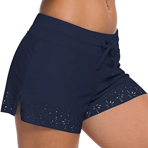 QJDFLL Short de Bain pour Femme avec Poches Taille Haute Board Maillot de Bain Short de Bain Bas de Maillot de Bain Short garçon Bas de Maillot de Bain Large Bande élastique Sports(Navy, L)