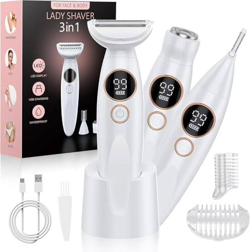 Rasierer Damen Intimbereich, Intimrasierer für Frauen & 3-in-1 Elektrischer Damenrasierer, IPX7 Wasserdicht mit LED Display für Gesicht, Beine, Achseln, Damenrasierer, Ladyshaver, USB-C Ladestation