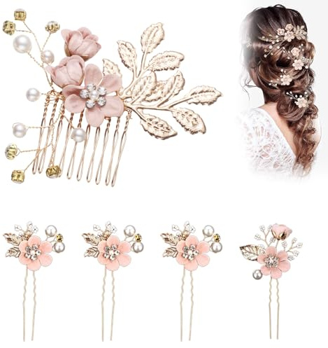 Aililong Set Pettini Capelli Sposa (5 Pezzi) – Accessori Strass Fiori Perle Oro, per Sposa, Ragazze di Fiori, Feste & Invitati Nozze