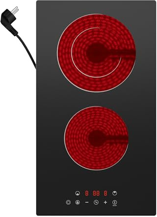 CDV Glaskeramikkochfeld 2 Platten 3200 W (2000W+1200W), Doppel | Elektro-Kochfeld (30cm) Autarkes Einbaufähiges mit Stecker, 9 Leistungsstufen, Timer, Kindersicherung und für Alle Töpfe
