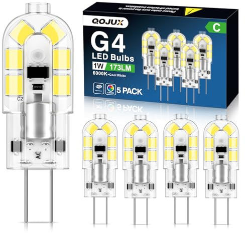QOJUX G4 LED Lampen, 1W 173LM G4 LED Birnen Klasse C, Ersatz für 15W 20W Halogenlampen, Kaltweiß 6000K Energiesparlampe, 12V AC/DC Stiftsockel, Nicht Dimmbar Kein Flimmern, 5er Pack