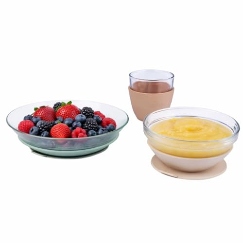 BÉABA & Duralex, Kinder Essensset Glas, Teller, Schale Und Becher Mit Silikon Saugnapf, Ergonomisch Und Evolutiv, Gesund, Langlebig, Made In France, Natur