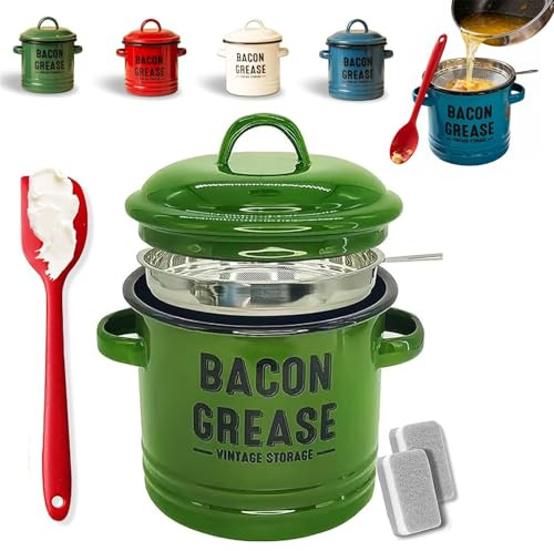 JORCEDI 2026 Upgraded Enamel Bacon Grease Container with Stainless Steel Strainer, Food-Grade Silicone Scraper & Leak-Proof Lid – Large-Capacity, Splatter-Free Fat Storage Jar for Cooking, Baking (D)