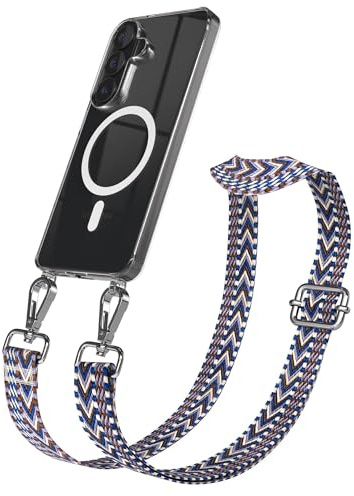 EAZY CASE Handykette - Verstellbares Taschenband kompatibel mit Galaxy S26, Schulterriemen, Handykordel mit Silikon Hülle, Qi Charging kompatibel, Umhängetasche, Blau Weiß Silber