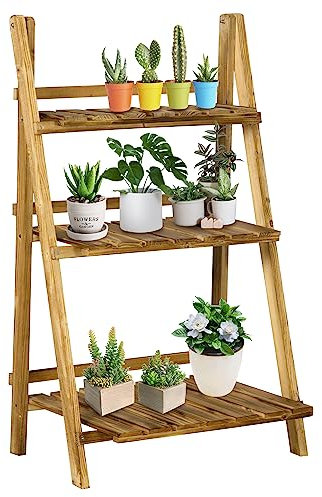 Outsunny Wooden Folding Flower Pot Stand 3 Tier Garden Planter Display Ladder Gardener Storage Shelves Rack Herb Holder (60L x 37W x 93H cm)