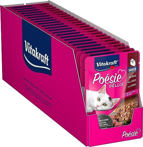 Vitakraft Poésie Délice, Katzenfutter nass, mit wertvollem Herz in Sauce, für ausgewachsene Katzen, ernährungsphysiologisch abgestimmt, ohne Zusatz von Zucker und Getreide (23x 85g)