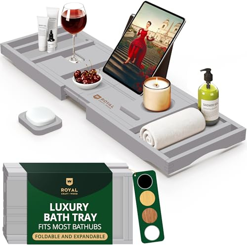 ROYAL CRAFT WOOD Luxuriöses Badewannen-Tablett, für 1 oder 2 Personen, Badewannen- und Betttablett, Badewannen-Tischablage mit ausziehbaren Seiten, verstellbares Organizer-Tablett für Badezimmer –