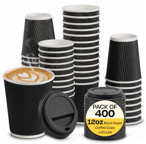 We Can Source It Ltd – 400 Sets of 12oz Insulated Black Paper Coffee Cups with Lids, Disposable Hot Beverage Cup for Coffee, Tea - Leak-Proof Disposable Coffee Cups for Home, Office and Cafes