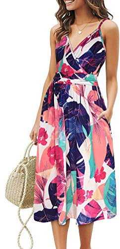 OUGES Sommerkleid Damen Knielang Kleider Sommer Spaghettiträger V-Ausschnitt Kleid mit Taschen(FloralJ-452, XL)
