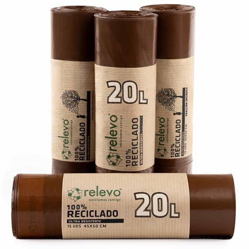 Relevo 100% Reciclado Bolsas de Basura, con autocierre, extra resistentes 20 L, 60 bolsas