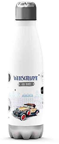 Sunnywall Premium Edelstahl-Thermosflasche mit Wunschnamen individuell personalisiert kalt & heiß Thermoskanne Isolierflasche Trinkflasche Wasserflasche Campingflasche (Vintage Oldtimer)