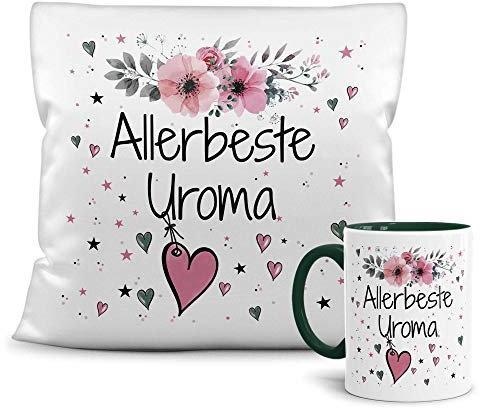 PR Print Royal Geschenk-Set aus Tasse und Kissen mit Füllung - Allerbeste Uroma - Persönliche Geschenkidee für Beste Freunde, Verwandte und Familie - weiß/dunkelgrün
