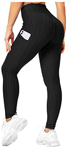 RIOJOY Damen Push Up Leggings mit Taschen, High Waist Anti Cellulite Booty Leggins für Sport Yoga Fitness, Schwarz XL