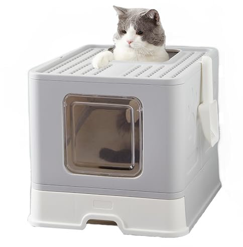 Pawsayes Bandeja de Arena para Gatos con Tapa Bandeja Grande Plegable Inodoro para Mascotas para Gatos con Entrada Superior Grande XXL Cerrado Caja de Arena