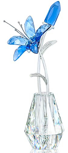 Kristall Calla Lilienstrauß Figurenkollektion mit blauen Blumen und silbernen Metallstielen in einer Kristallvase für die Dekoration zu Hause, Hochzeit und Party