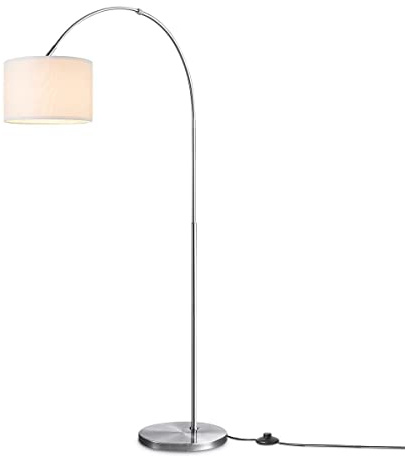Home Sweet Home Moderner Bogen-Stehlampe Duke | 98/30/180cm | Gebürstetes Stahl | Stehlampe Fischer mit weißem Lampenschirm | E27 | mit Fußschalter | geeignet für Wohnzimmer