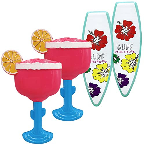 Kirmoo 4 Stück Strandtuch-Clips für Strand-/Pool- und Kreuzfahrtstühle, Margarita-Surfbrett, Kunststoff-Kleidernadeln, Strandtuchhalter, sichere Clips, 4er-Set (Margarita und Surfbrett)