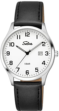 SELVA Herren-Armbanduhr, Quarz, Edelstahlgehäuse, Lederarmband, Dornschließe, 5 bar (Weiß)