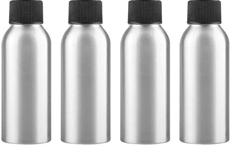 ZEOABSY 4 Pieces Empty 100ml Silver Aluminium Bottle with Black Plastic Screw Cap Travel Metal Bottles for Cosmetic Shampoo Body Washing Gel Essential Oil Liquid Travel