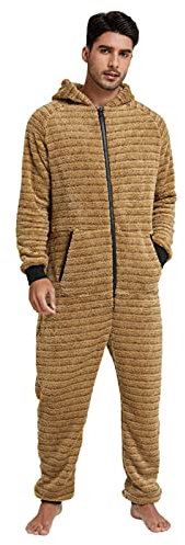 Nachtwäsche Herren Warm Fleece Overall Pyjama Langarm Einteiler Hoodies Schlafanzug Einteiler Winter Thermo Homewear Schlafoverall Jumpsuit Onesie mit Kapuze Hausanzug Jumpsuit Strampler (Khaki, XXL)
