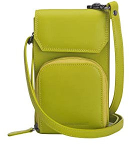 Josephine Osthoff Handy Umhängetasche mit Vortasche für Kopfhörer, handgemacht aus 100% Echtleder, Crossbody Schultergurt, 4 Kartenfächer, Farbe:limone