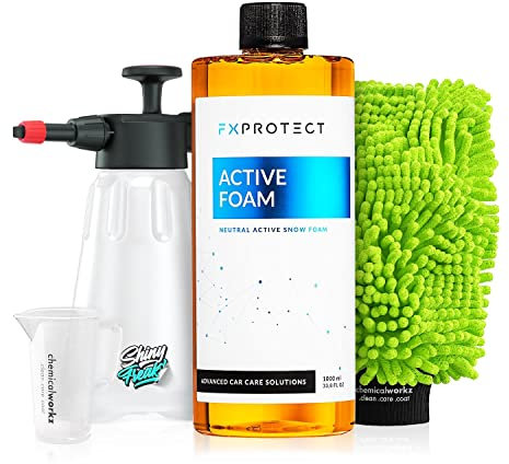 FX Protect ActiveFoam Aktivschaum (1L) hochkonzentrierter Snow Foam + chemicalworkz Waschhandschuh + Schaumsprüher - schonende Autowäsche - Vorreiniger, Shampoo, pH-neutral, waschen, reinigen | 5-tlg