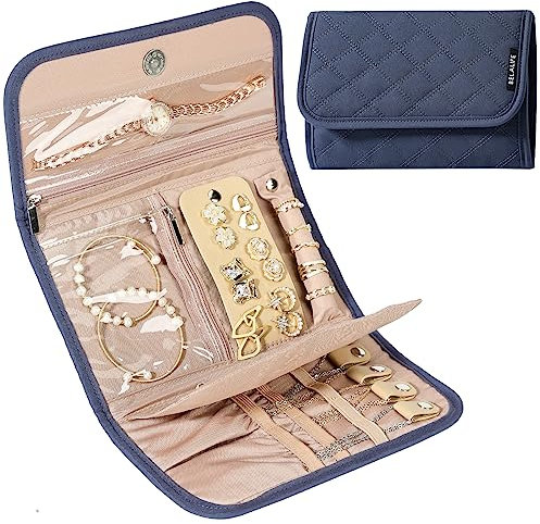 BELALIFE Reise-Schmuck-Organizer, faltbare Aufbewahrungsrolle für Ohrringe, Halsketten, Ringe, Armbänder, Broschen, Blaugrau