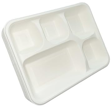 Be4Ever Sugarcane Bagasse 5 Compartment Plates Rigid & Durable Divided Disposable Plates for Hot, Cold, Wet & Oily Food Portion Control Plates Eco-Friendly (5 Compartment (Pack of 25))