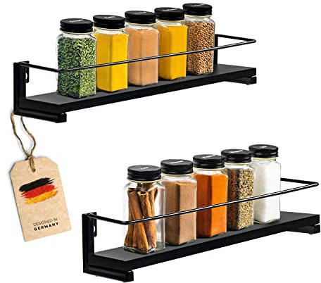 Coradoma Gewürzregal Schwarz 2er Set für Gewürzgläser | Küchen Organizer zur Gewürzaufbewahrung 40x9cm | Küchenregal Spice Rack Aufbewahrung | Hängeregal Kitchen Gewürzständer Küchenschrank