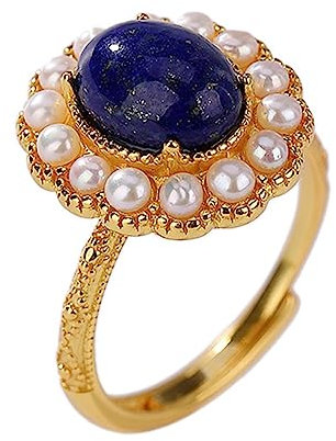 RobertDTesta Damenring S925 Aus Sterlingsilber Und Vergoldetem Lapislazuli Mit Verstellbarem Vintage-Perlenring,Gold,8