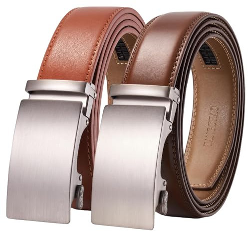 TANGCHAO 2 Stücke Gürtel Herren,Ledergürtel Ratsche Automatikschließe für Herren Business Anzug Jeans, 35mm Gürtel,Größe Einstellbar 24Braun+26Cognac 125cm