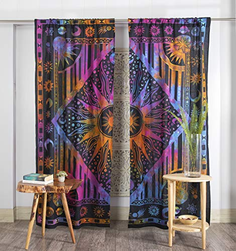 Popular Handicrafts Indian Burning Sun Hippie Mandala Window Curtains - Gypsy Tye Dye Bohemian Sun Moon Beautiful Drapery Bedroom Living Room Balcony Valance Panels Purple (kp1845)
