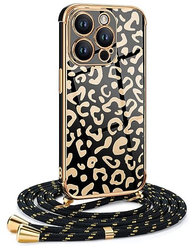 Frauen Mädchen Handykette Kompatibel mit iPhone 15 Pro Max - Silikon Hülle mit Band - Handyhülle für iPhone 15 Pro Max Leopard Design Galvanik - Hülle mit Kordel in Gold Leopard