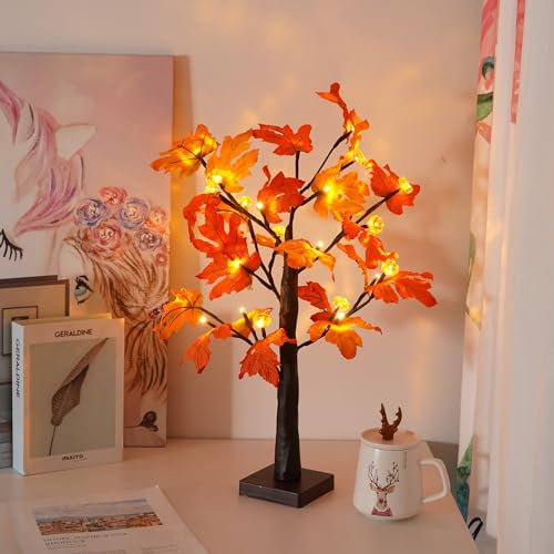 Weihnachtsdeko Lichterbaum Für Innen mit 24 LEDs, LED Baum Licht Bäumchen Birken Herbst Deko Lichterbaum mit blätter Deko Für Weihnachtsdeko Tisch Herbstdeko Zum Aufhängen, Innendeko (Herbstdeko)