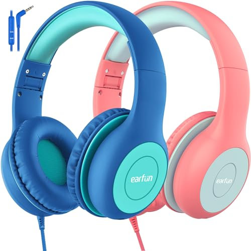 EarFun Kids Headphones 2 Packs, Wired Headphones Kids 85/94dB Volume Limit, Sharing Function, Stereo Sound Adjustable Headband Children Headphone for School/Travel/Phone/Tablet, Blue Green