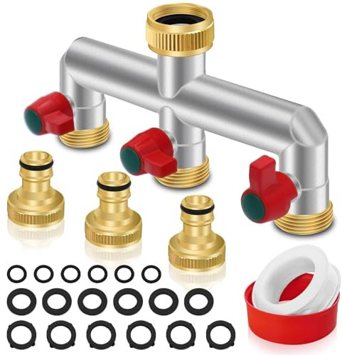 3 Way Brass Hose Tap Splitter with On/Off Valves, 3/4 Tap Connector with 3/4 BSP Threads Hose Pipe Fittings for Hose Pipe Fittings, Watering System, Ball Valves, Outside Tap Connector(B)