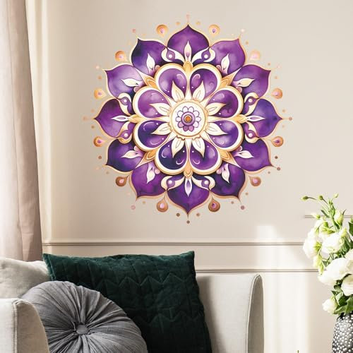 COVPAW Wandtattoo Wandaufkleber Mandala Gold Gelb Lila Grün Wohnzimmer Schlafzimmer Wandsticker Wandbild Boho Style Flur Yoga Wanddeko (Lila)